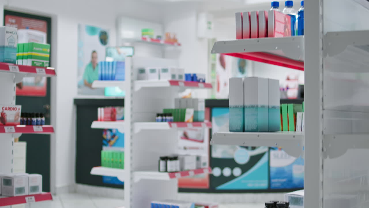 farmácia vazia com produtos farmacêuticos e nutritivos