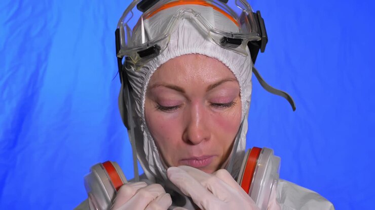 Scientist virologist in respirator. Woman close up look, wearing protective medical mask. Concept health safety N1H1 coronavirus epidemic 2019 nCoV.