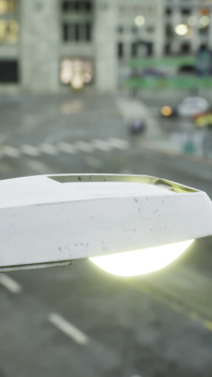 City street illuminated by a unique lamp post at dusk with blurred traffic
