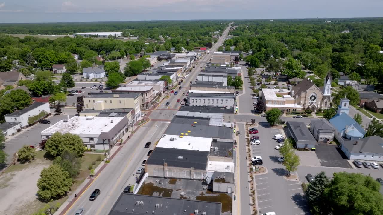 Downtown Greenville, Michigan with drone video moving sideways