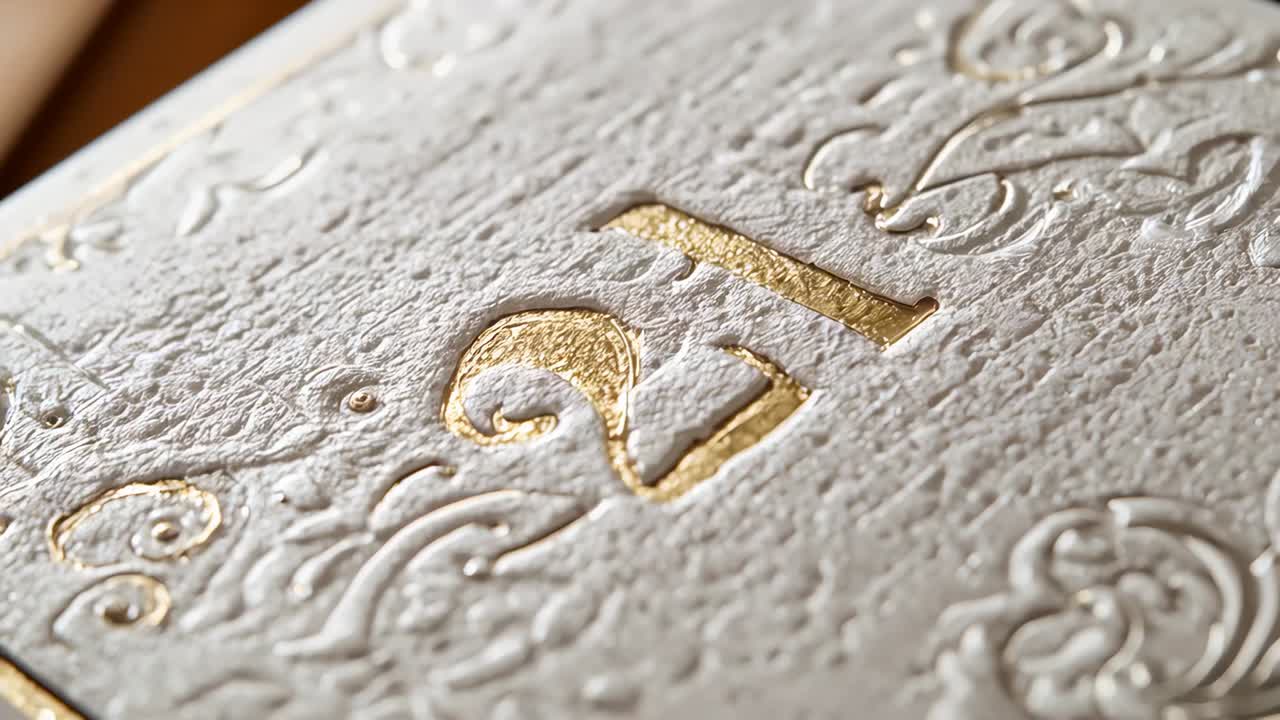 Tilting camera revealing embossed white card on tabletop to showcase handmade texture, gold foil 21