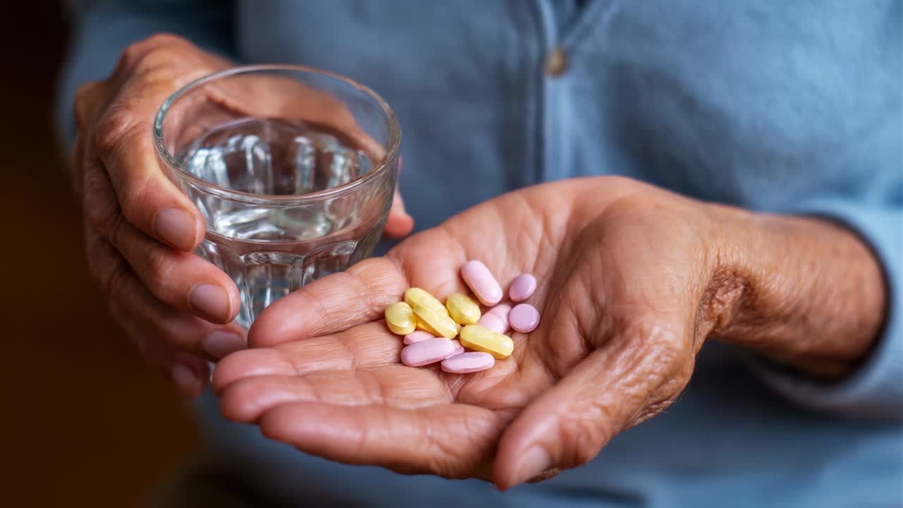 An elderly individual holding a variety of colorful pills in one hand while grasping a glass of water in the other, depicting a moment of medication intake and daily health practices