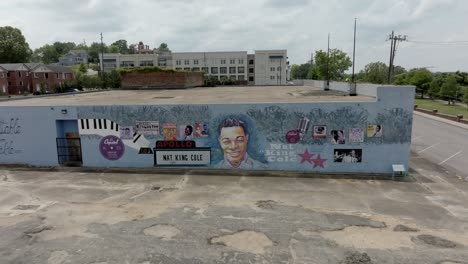 Mural-of-Nat-King-Cole-in-Montgomery,-Alabama-with-drone-video-pulling-back