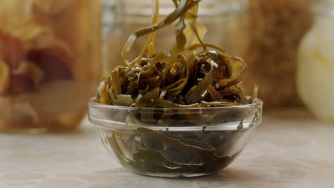 japanese wakame sea weed laminaria chuka fermented food. close-up on a detail of hiyashi wakame chuka or seaweed salad or seaweed with sesame seeds on a plate. top view. seafood background.