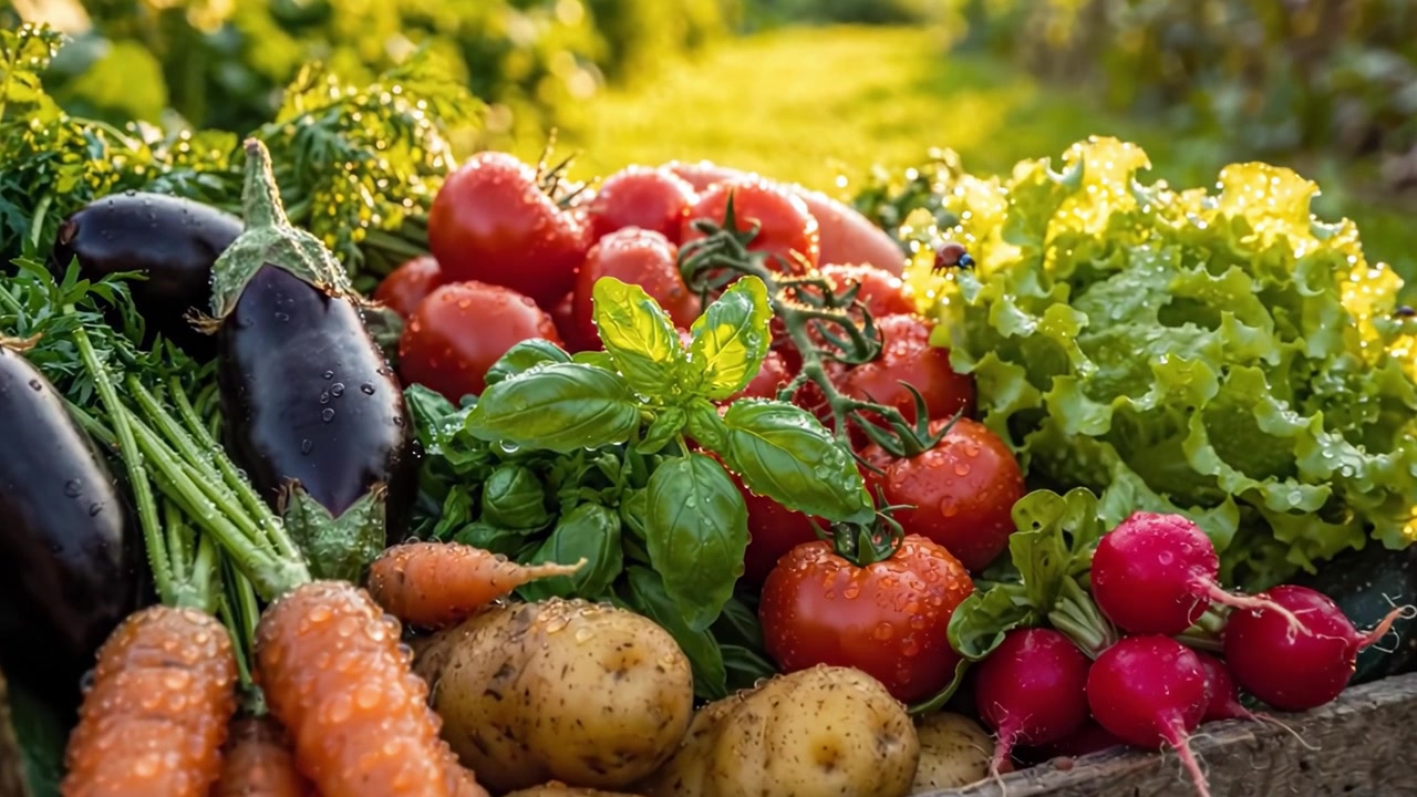 Exhibición vibrante de cosecha de verduras y hierbas frescas orgánicas en una caja de madera rústica, capturando la esencia de la generosidad de la naturaleza y la vida sostenible.