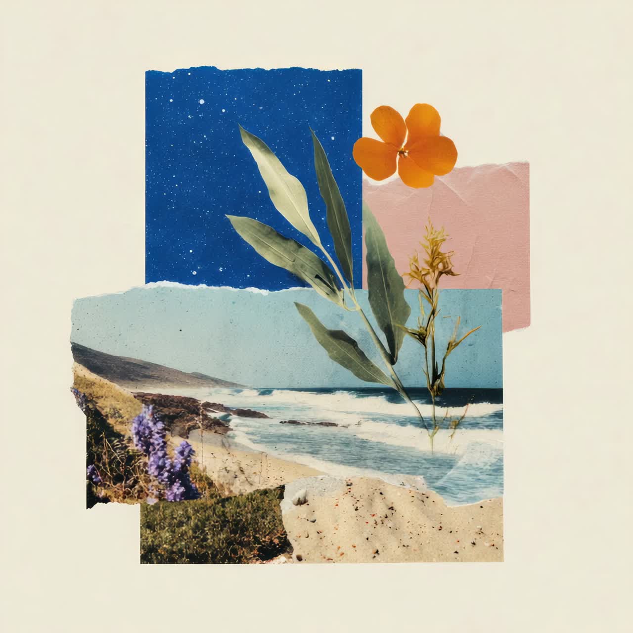 A vintage collage with ocean, flowers, and night sky elements