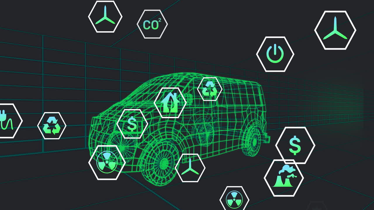 검은색 배경에 원활한 패턴으로 움직이는 3d 밴 모델 위의 여러 디지털 아이콘의 애니메이션