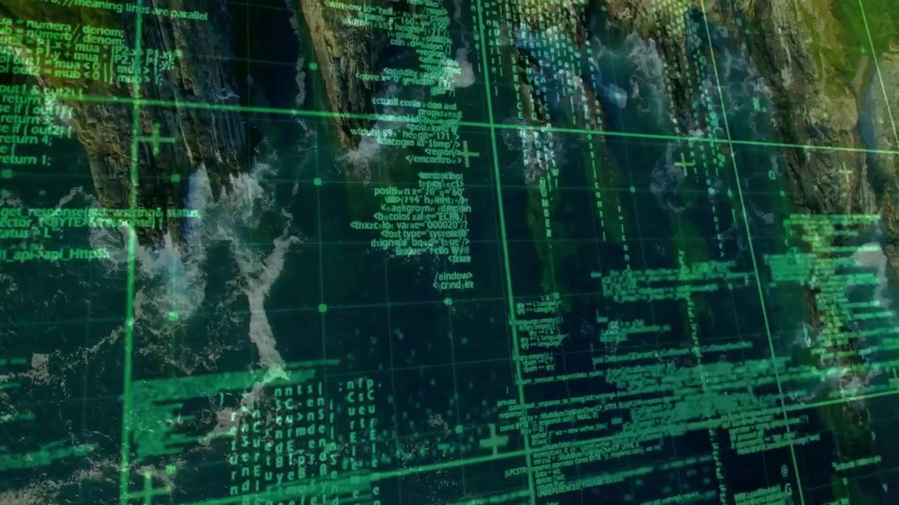 Translucent green grid fading in code flowing and shifting across map before settling into overlay
