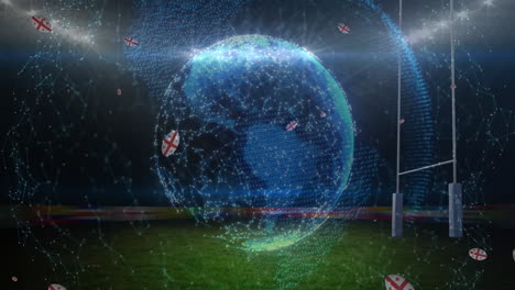 animation of globe over rugby balls coloured with georgia flag at stadium