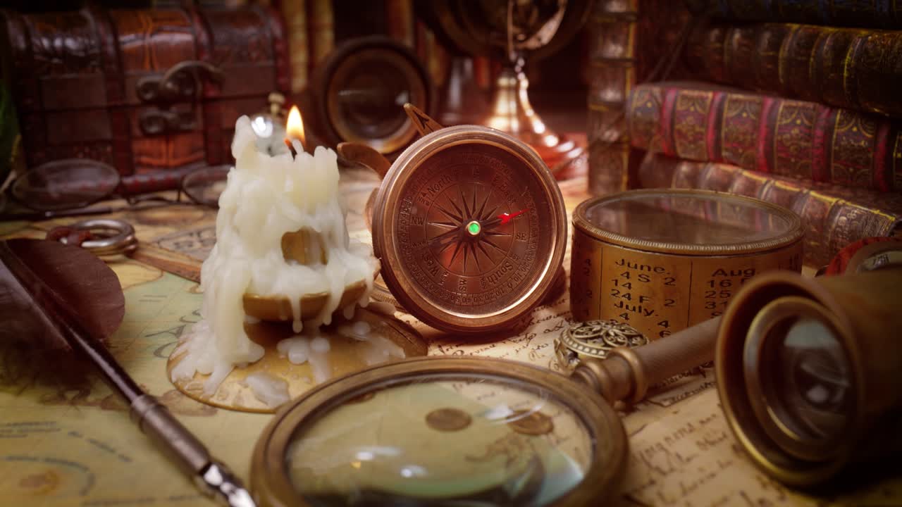 빈티지 스타일의 여행과 모험. 빈티지 오래된 나침반과 테이블에 있는 다른 빈티지 물건들.