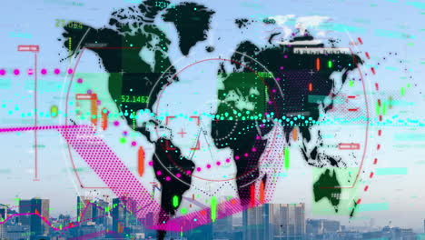 animación del mapa del mundo y procesamiento de datos sobre el paisaje urbano