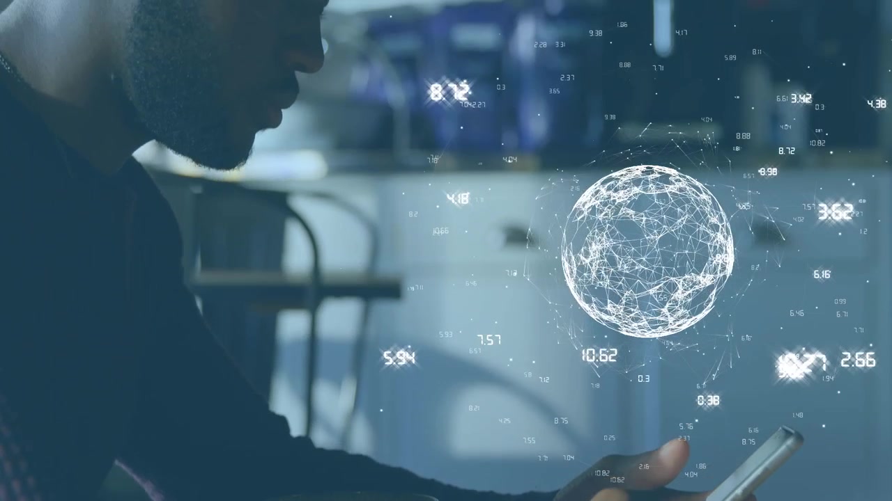 Animation of globe with numbers, text forming light bulb over african american man using cellphone