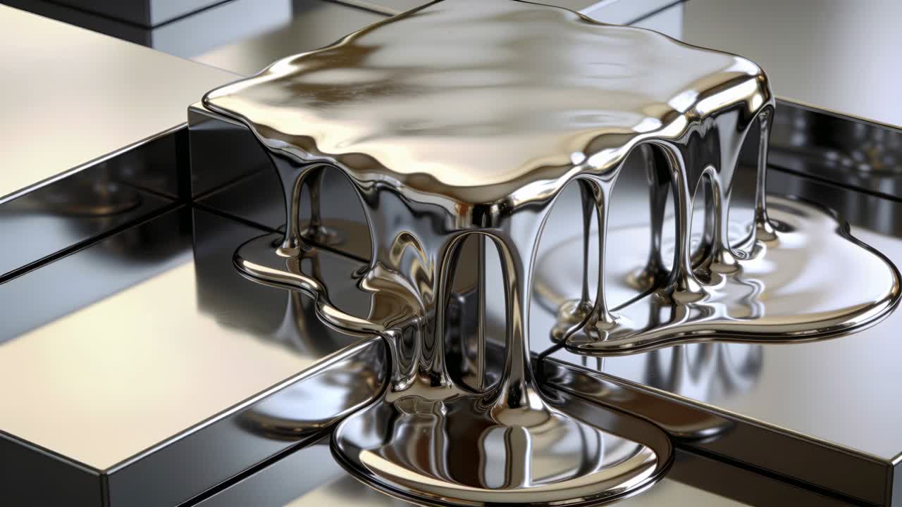 Tropfende, dicke, reflektierende Flüssigkeit, die Säulen unter einem glänzenden Metallblock auf Studio-Metallfliesen bildet.