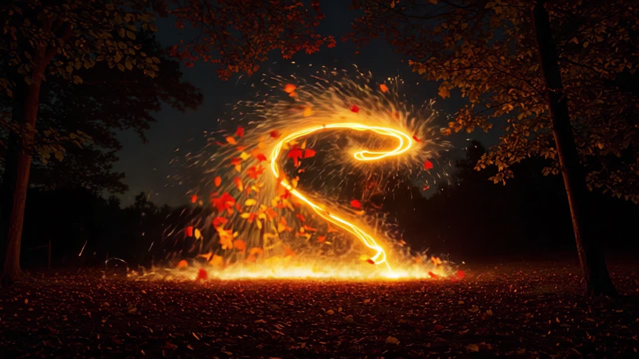 A Captivating Display of Light and Movement: Cascading Leaves Dance Through a Whirlwind of Brilliant Sparks in an Enchanted Autumn Night Setting