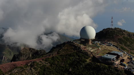 fantastic aerial shot in orbit over the military radar located on pico arieiro in madeira, portugal