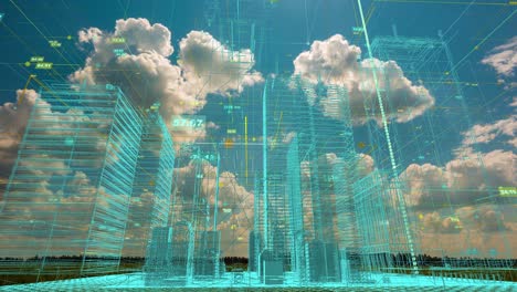 holograma abstracto: representación 3d de una ciudad con una matriz futurista. edificios digitales con una red de partículas de código binario en el fondo de un paisaje natural de un lapso de tiempo, el concepto de la construcción y construcción de nuevas ciudades.
