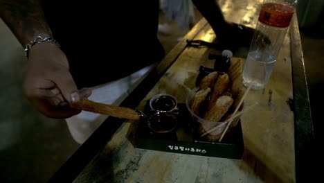 tasting food at night market in bangkok. (slowmotion)