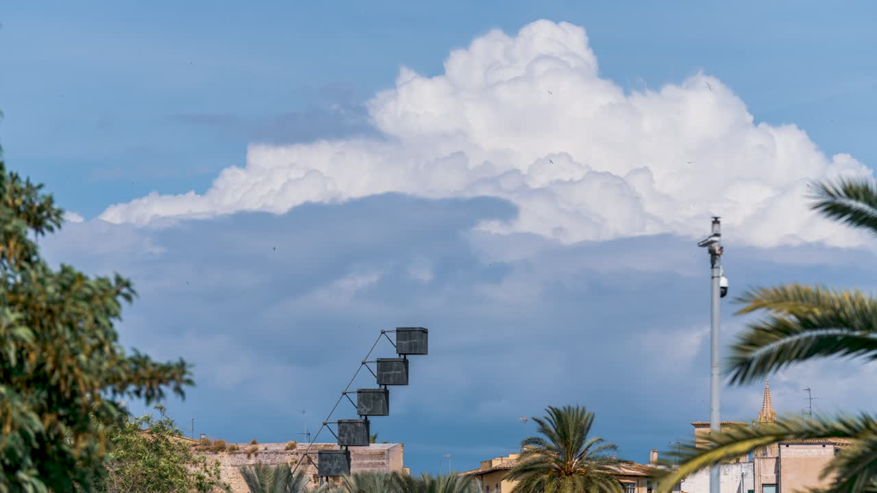 Timelapse of dramatic storm clouds in Palma, Mallorca, Spain.
Majestic cumulus clouds rolling over the city skyline, with palm trees and modern art structures in front.