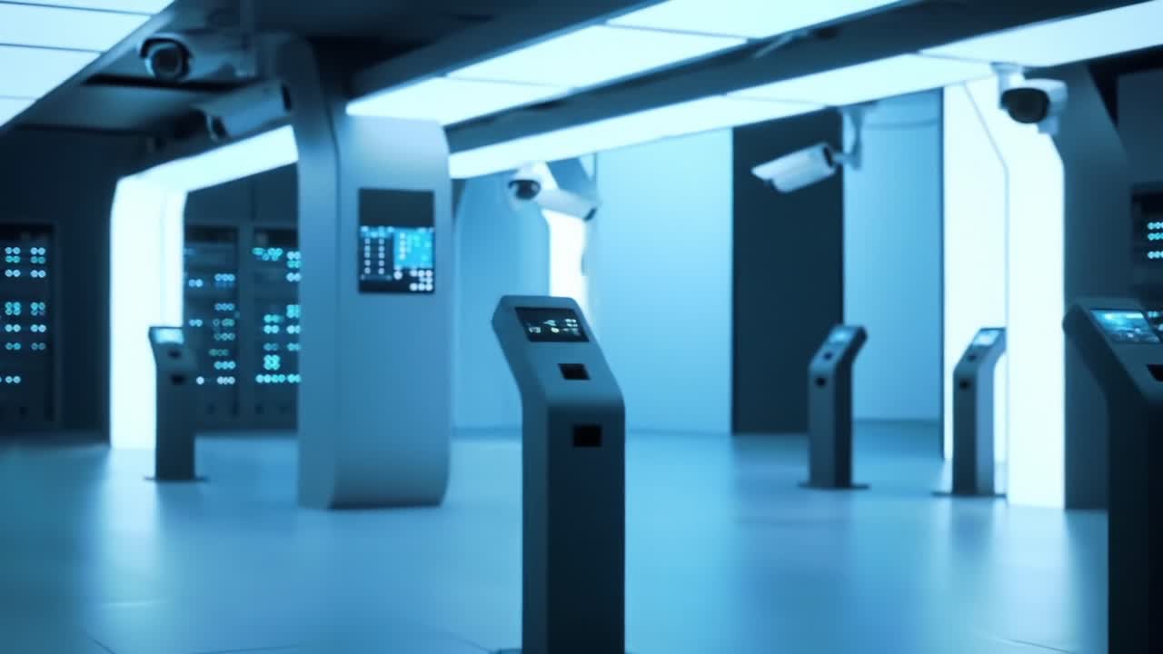 Futuristic Control Room Featuring Advanced Technology and Interactive Displays in a High-Tech Environment with Ambient Lighting