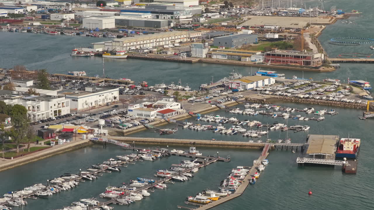 Olhao Fishing Port and Marina Aerial View with Boats Portugal Algarve