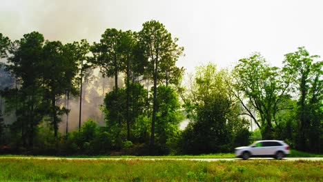 smoke rising from controlled burn in dense american forest