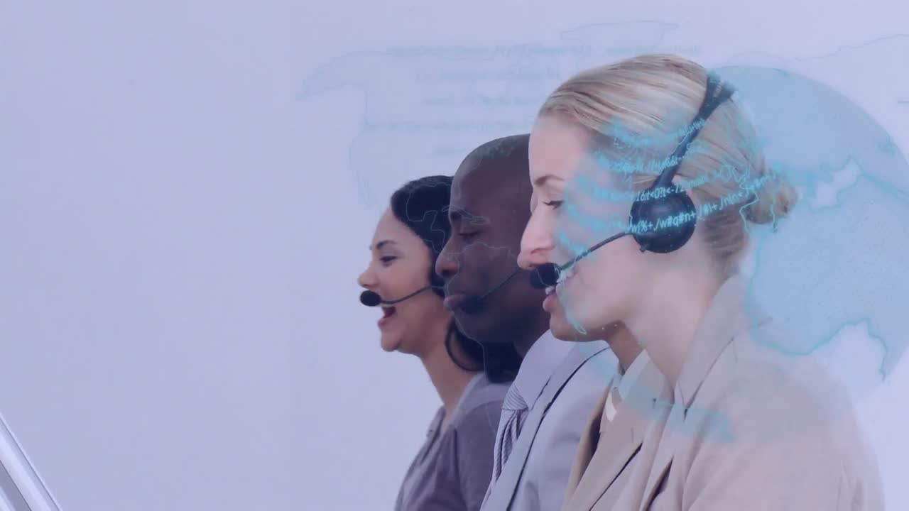 Animation of globe with network of connections over business people using phone headsets