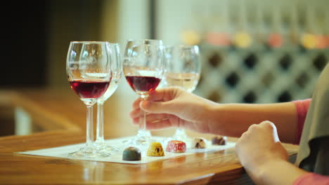 wine tasting and various candies wine tour concept