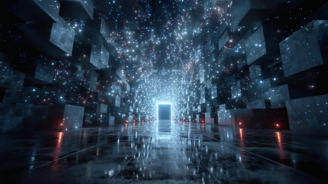 A Mystical Journey Through an Enigmatic Portal in a Cosmic Environment, Illuminated by Stars and Reflections Within a Cubic Universe