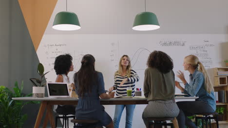 Fröhliche-Geschäftsleute-Treffen-Sich-Im-Sitzungssaal-Und-Feiern-Ein-Erfolgreiches-Projekt.-Ein-Vielfältiges-Team-Von-Frauen-Genießt-Den-Erfolg-Bei-Der-Präsentation-Am-Büroarbeitsplatz