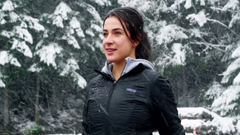 Smiling-woman-in-jacket-enjoying-the-snowfall