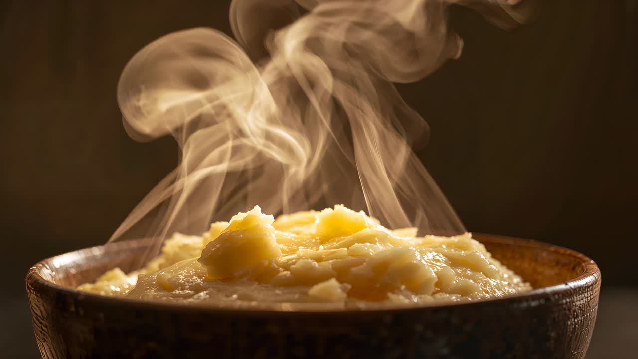 Steaming just-served brown ceramic bowl releasing twisting steam on kitchen table, with butter