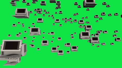 old pc computers floating in empty space - green screen background