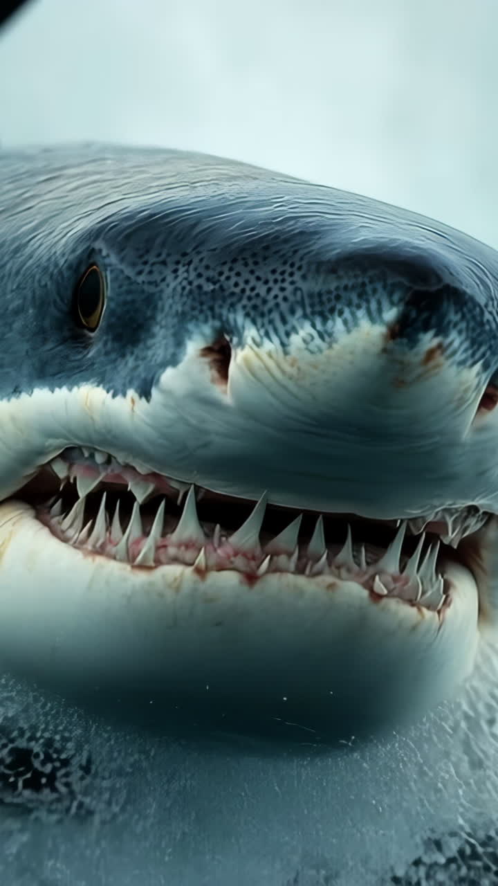 Shark breaching ocean surface. A large shark is breaching the surface of the ocean, creating splashes as it emerges from the water.