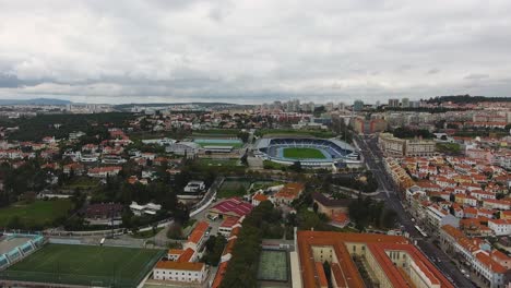 Lisbon-city-of-Portugal,-Estadio-do-Restelo-stadium-Drone-shot-in-Portugal