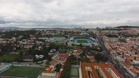 lisbon city of portugal, estadio do restelo stadium drone shot in portugal