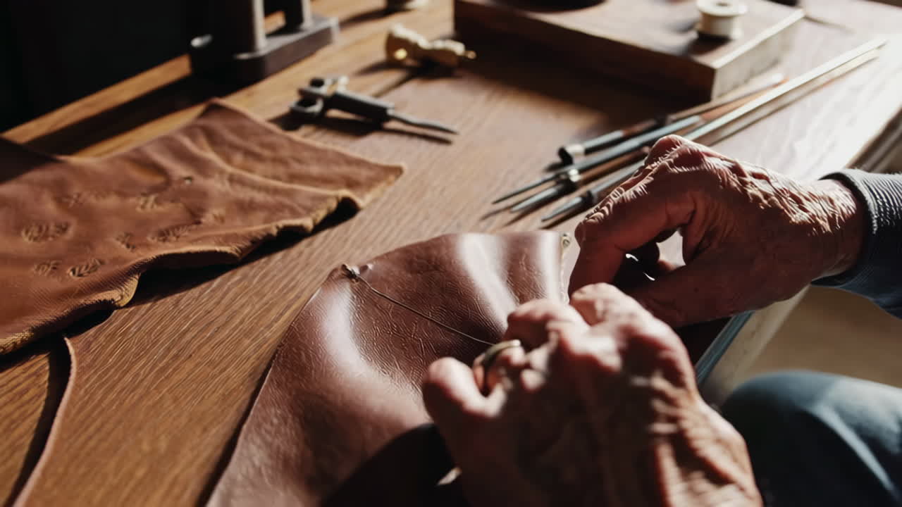 Elderly Craftsman Repairing Leather