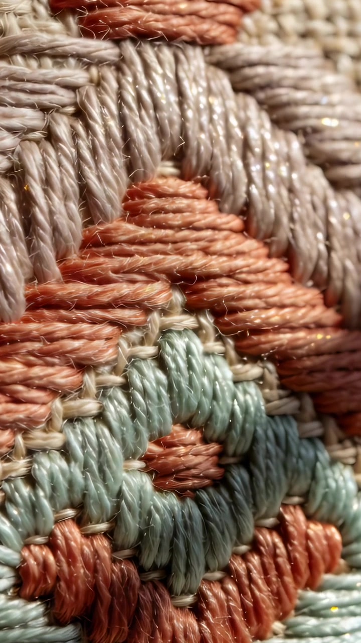 Vertical video: Pulling focus lens tracing stitched cloth on cushion at home, showing metal thread
