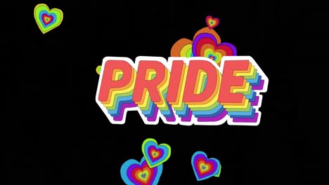 Animation-of-pride-text-and-rainbow-hearts-on-black-background