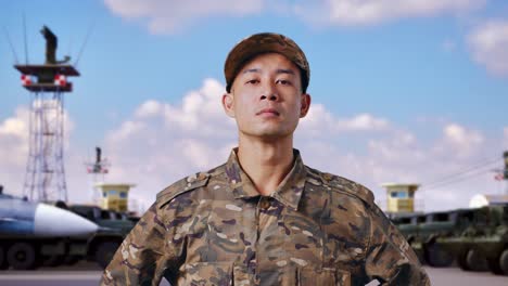 close up of asian army soldier standing against at military camp. brave young servicemen wearing camouflage military uniform