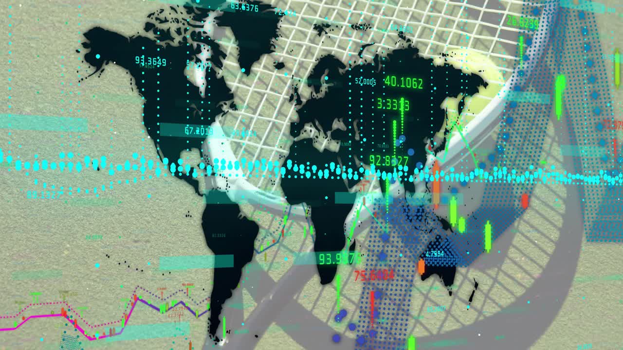World map fading over tennis racket and ball, showcasing streaming global analytics with cyan dots