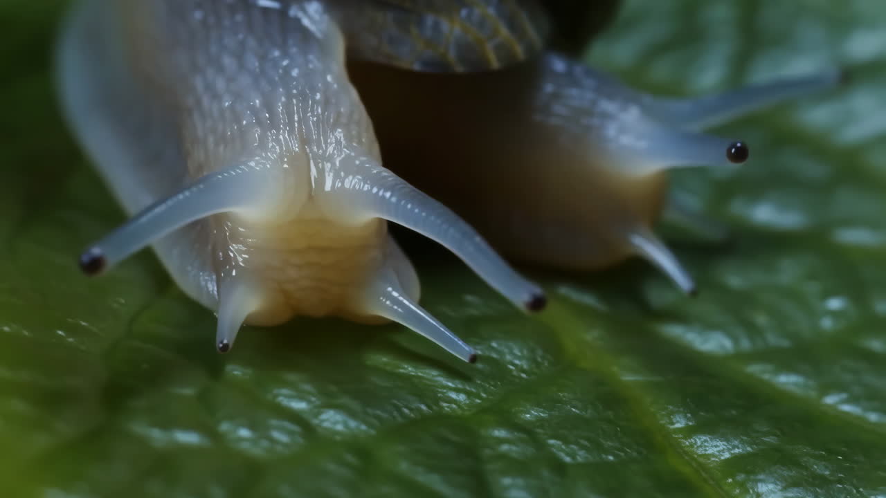 Close-up of a Snail on a Green Leaf