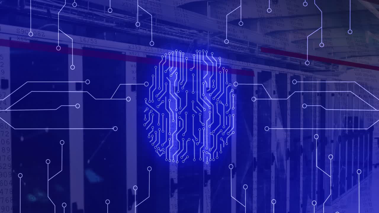 Animation of neon brain and network of connections over server room