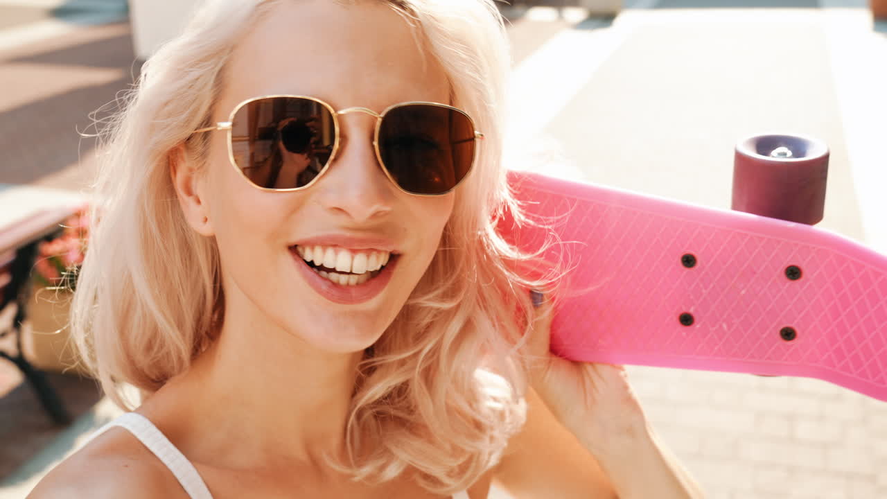 женщина с розовым скейтбордом