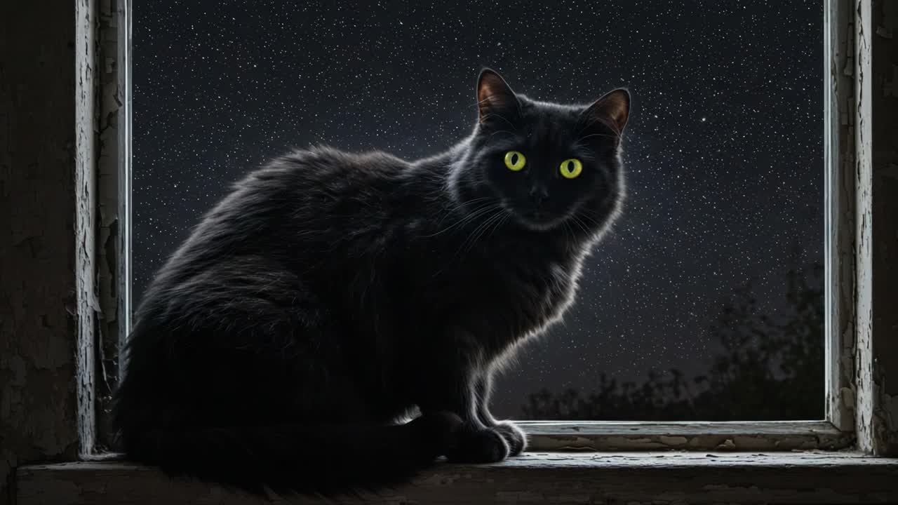 A Mysterious Black Cat Gazes Thoughtfully Out of a Window Under a Starry Night Sky, Capturing the Essence of Curiosity and Enchantment in the Stillness of Darkness
