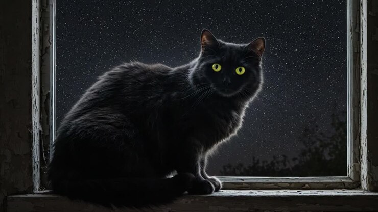 A Mysterious Black Cat Gazes Thoughtfully Out of a Window Under a Starry Night Sky, Capturing the Essence of Curiosity and Enchantment in the Stillness of Darkness