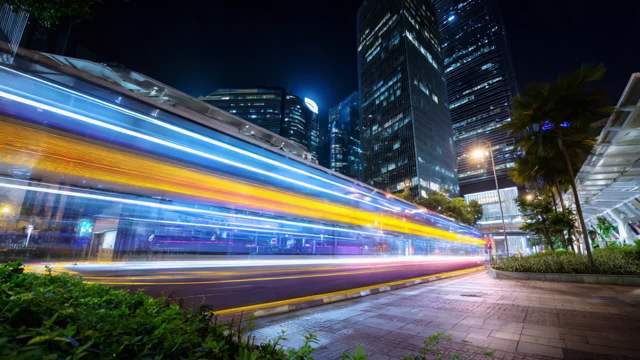 A Nighttime Cityscape with Blurred Motion of a Bus, Illuminated Skyscrapers, and Vibrant Lights Creating a Dynamic Urban Atmosphere Reflecting Modernity and Movement in the Heart of the City