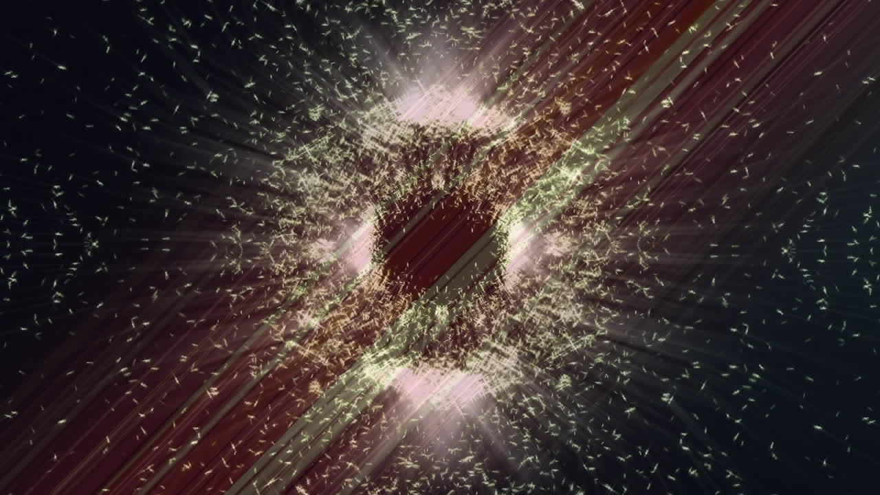 Animation of glowing white particles moving in circular motion over flickering light beams, on black