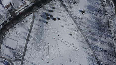 angel in the snow, park on a cold winter day - mother and child - drone - cinematic - 4k top view going down