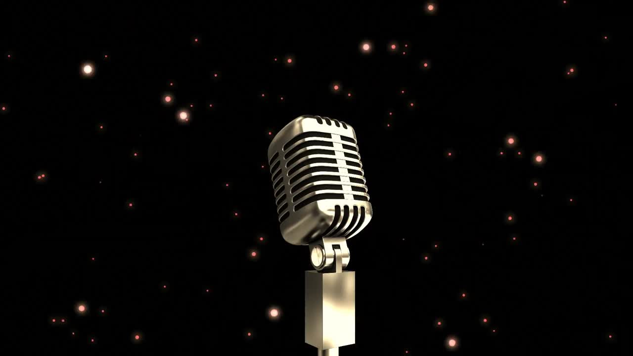 animación del micrófono sobre manchas blancas en un patrón sin costuras sobre fondo negro con espacio de copia