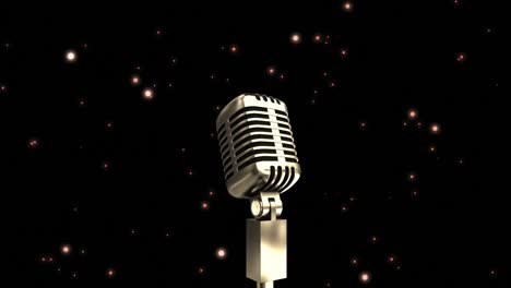 Animation-of-microphone-over-white-spots-in-seamless-pattern-on-black-background-with-copy-space